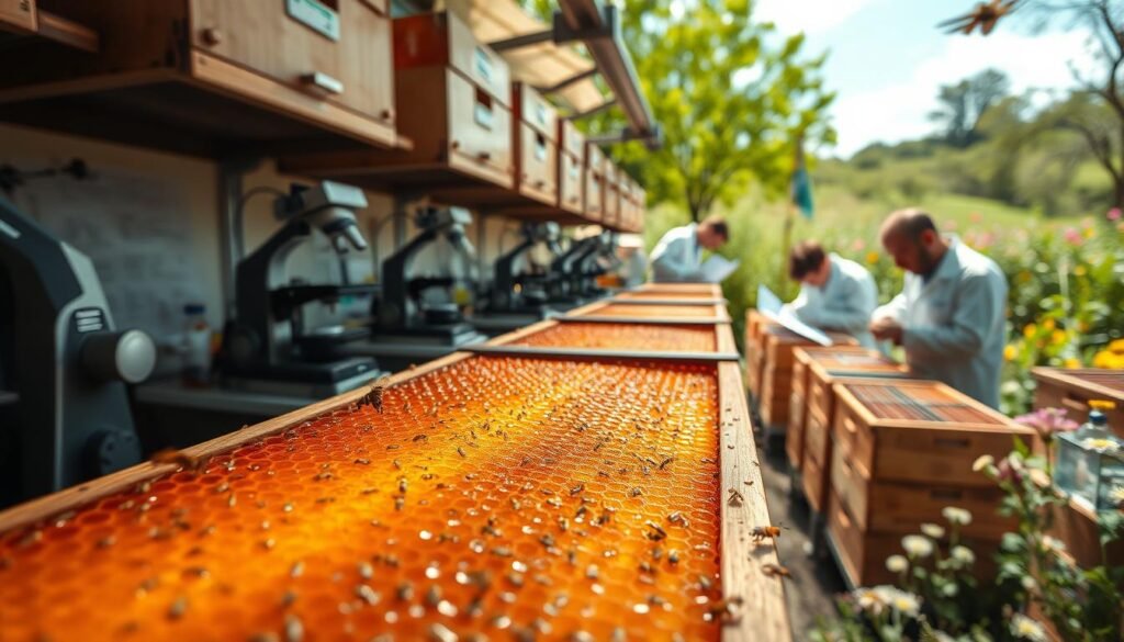 A research laboratory focused on honeybees, with rows of observation hives, microscopes, and scientists in white coats studying samples. The foreground features a close-up of a honeycomb filled with golden honey, lit by warm, diffuse lighting. In the middle ground, researchers intently examine petri dishes and pore over data charts. The background depicts a lush, natural landscape with flowering plants and trees, suggesting the connection between honeybees and their environment. The overall scene conveys a sense of scientific inquiry and the importance of understanding the relationship between honeybees and native pollinators.