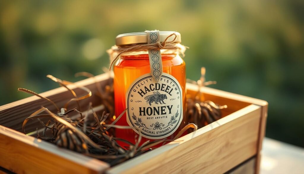 A rustic, artisanal honey jar nestled in a wooden crate, backlit by warm, golden light. The jar's label features a intricate, hand-drawn illustration of a honeycomb and bees, conveying a sense of quality and authenticity. Gently blurred background hints at a pastoral, countryside setting, creating an atmosphere of natural, regional charm. The composition is balanced, with the packaging taking center stage, yet still feeling organic and natural. Soft shadows and highlights emphasize the tactile, three-dimensional nature of the materials, inviting the viewer to pick up and examine the product.