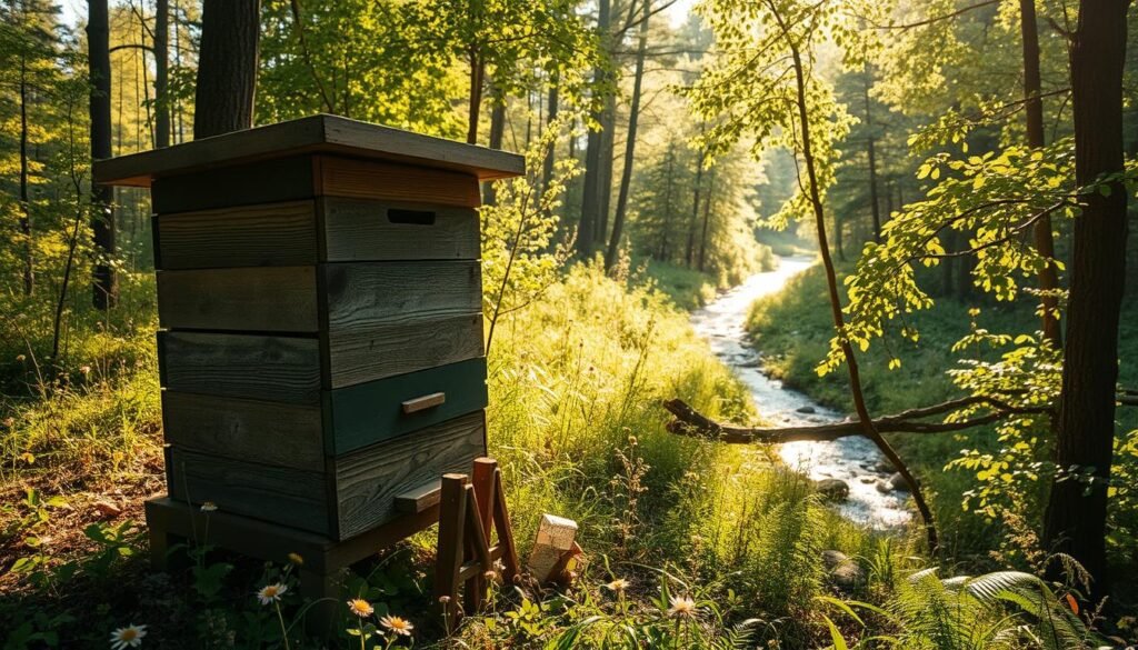 A rustic, off-grid beehive nestled in a lush, forested clearing. The hive stands tall, its weathered wooden exterior textured with age. Dappled sunlight filters through the canopy, casting warm, golden tones across the scene. Wildflowers and ferns carpet the ground, creating a natural, tranquil ambiance. In the distance, a winding stream glistens, its soothing sounds complementing the gentle buzz of busy honeybees. The hive's simple, functional design embodies the self-reliant spirit of off-grid beekeeping, inspiring a sense of harmony between nature and human endeavor. A rustic, off-grid beehive nestled in a lush, forested clearing. The hive stands tall, its weathered wooden exterior textured with age. Dappled sunlight filters through the canopy, casting warm, golden tones across the scene. Wildflowers and ferns carpet the ground, creating a natural, tranquil ambiance. In the distance, a winding stream glistens, its soothing sounds complementing the gentle buzz of busy honeybees. The hive's simple, functional design embodies the self-reliant spirit of off-grid beekeeping, inspiring a sense of harmony between nature and human endeavor.