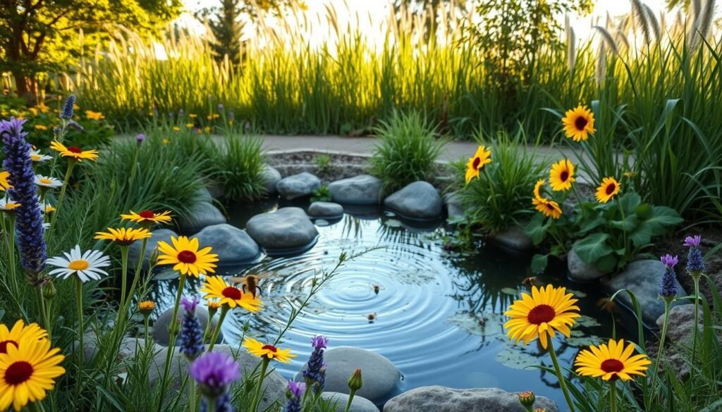A serene and inviting water source for pollinators, featuring a small, crystal-clear pond surrounded by lush greenery. In the foreground, colorful flowers such as daisies, lavender, and sunflowers bloom vibrantly, attracting bees and butterflies. The middle ground showcases the gently rippling pond, with smooth stones and water plants, creating a natural haven for insects. In the background, tall grasses and a few small trees provide shade and refuge, enhancing the habitat's growth. Soft, warm sunlight filters through the leaves, creating a peaceful and inviting atmosphere. The scene captures the essence of nature, promoting a sense of tranquility while emphasizing the importance of water sources in supporting pollinator life. The angle is slightly elevated, providing a broad view of this harmonious garden setting.