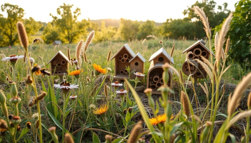 A serene and vibrant scene of a diverse garden habitat designed for nesting sites, showcasing various structures like bee hotels and natural materials such as hollow stems and bare soil. In the foreground, a close-up view of native plants in bloom—like wildflowers and grasses—teeming with busy bees and other pollinators. The middle of the image features several nesting sites, both man-made and natural, nestled among the plants. In the background, a lush landscape filled with trees and shrubs under a soft, golden afternoon light, creating a warm and inviting atmosphere. The composition should be from a slightly elevated angle, giving a comprehensive view of the harmonious relationship between the garden and its pollinators, evoking a sense of tranquility and ecological balance.