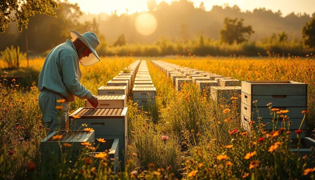 A serene apiary bathed in soft, golden light. In the foreground, a beekeeper gently tending to a hive, their movements graceful and unhurried. The middle ground reveals rows of neatly stacked langstroth boxes, each a testament to the industrious nature of the colony. In the background, a lush meadow of vibrant wildflowers sways gently in the breeze, creating a tranquil and restorative atmosphere. The scene evokes a deep sense of connection to the natural world, fostering a profound state of mindfulness and well-being. A serene apiary bathed in soft, golden light. In the foreground, a beekeeper gently tending to a hive, their movements graceful and unhurried. The middle ground reveals rows of neatly stacked langstroth boxes, each a testament to the industrious nature of the colony. In the background, a lush meadow of vibrant wildflowers sways gently in the breeze, creating a tranquil and restorative atmosphere. The scene evokes a deep sense of connection to the natural world, fostering a profound state of mindfulness and well-being.