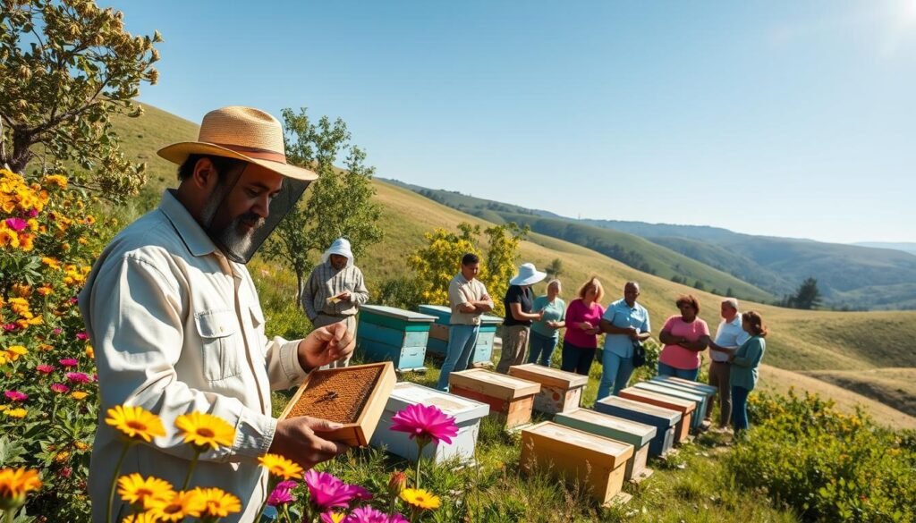 A serene apiary scene in a lush landscape, showcasing beekeepers in professional attire. In the foreground, a confident beekeeper examines a honeycomb frame, surrounded by vibrant flowers. The middle ground features well-organized beehives, each uniquely painted, under a clear blue sky. A group of diverse individuals engages in a training session, attentively listening and taking notes, portraying a collaborative learning environment. The background displays rolling hills, with sunlight filtering through the trees, creating a warm, inviting atmosphere. The image should have a soft-focus effect on the background to emphasize the foreground actions, with a balanced composition that conveys a sense of community and growth toward resilience in beekeeping practices.