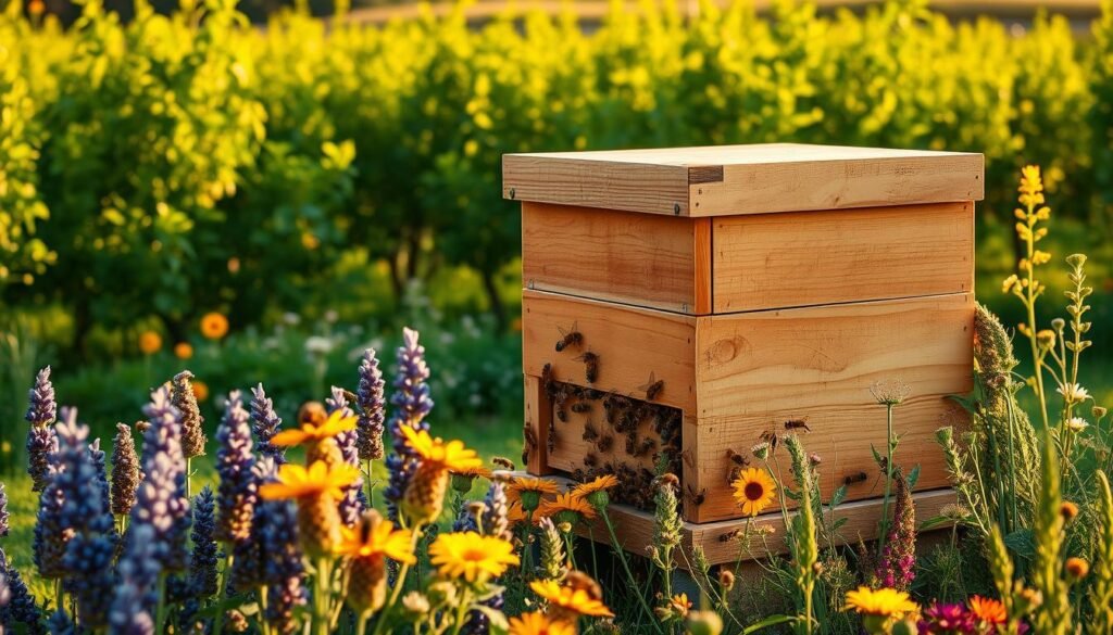 A serene bee colony in an idyllic garden setting. In the foreground, a well-maintained wooden beehive, with bees gently buzzing around the entrance, showcasing their busy activity. In the middle, flowering plants and herbs attract the bees, with vibrant colors adding to the scene—lavender, sunflowers, and wildflowers grow in abundance. The background features a lush green orchard, bathed in warm, golden sunlight, casting soft shadows that create a tranquil atmosphere. The scene is captured at a slightly elevated angle, emphasizing the layout and strategic placement of the hives. The mood is peaceful, illustrating the importance of proper colony setup and protection in beekeeping.