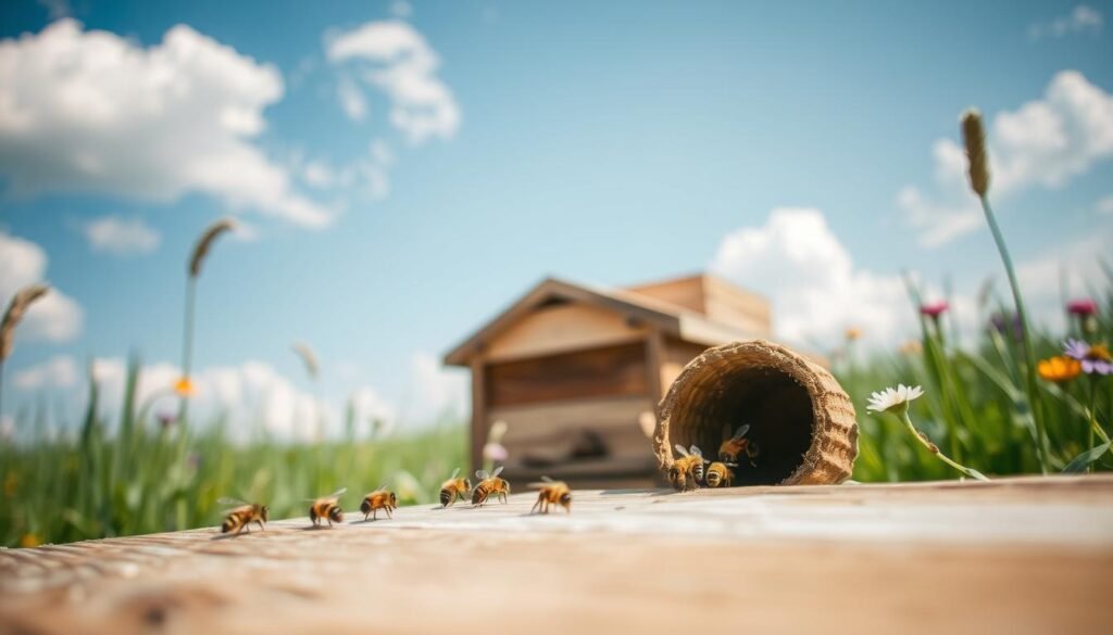 A serene bee entrance located on a wooden hive, meticulously crafted with natural textures and colors. In the foreground, a close-up view highlights individual bees busy at work, their delicate wings shimmering in the soft morning light. In the middle ground, the hive structure stands proudly, showcasing its rustic charm against a backdrop of vibrant wildflowers and lush green grass gently swaying in a light breeze. The background features a clear, blue sky dotted with fluffy white clouds, enhancing the tranquility of the scene. The overall mood is peaceful and reflective, ideal for conveying mindfulness. The scene is captured using a shallow depth of field, emphasizing the bees and their entrance while softly blurring the more distant elements.