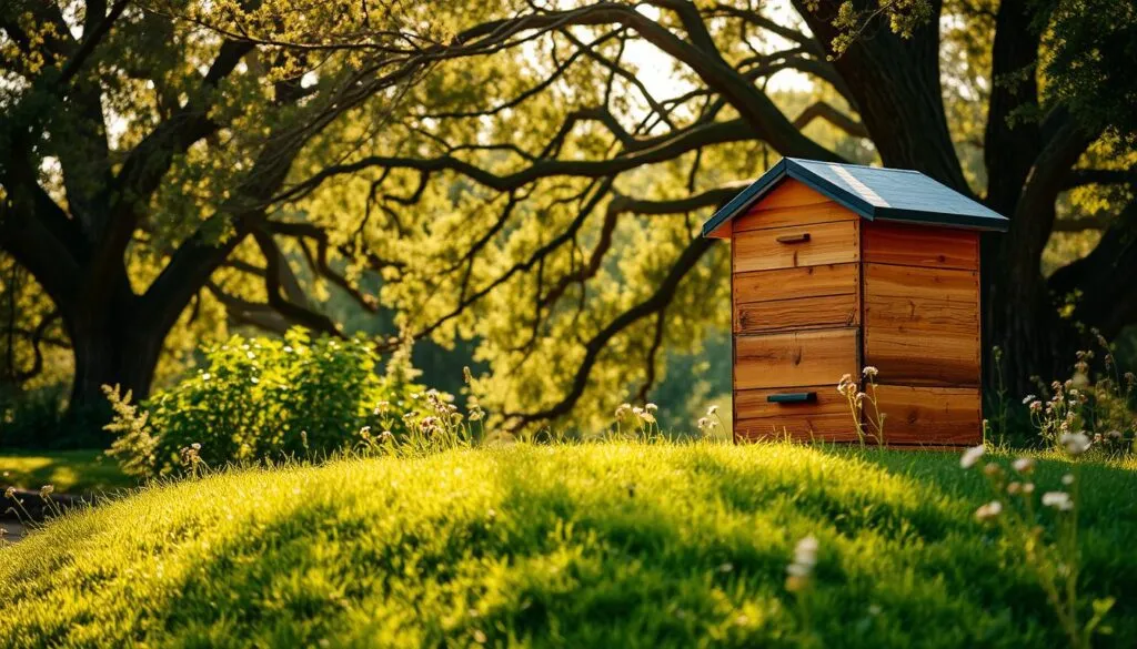A serene beehive nestled in a lush, verdant garden, the hive's wooden exterior bathed in warm, diffused sunlight