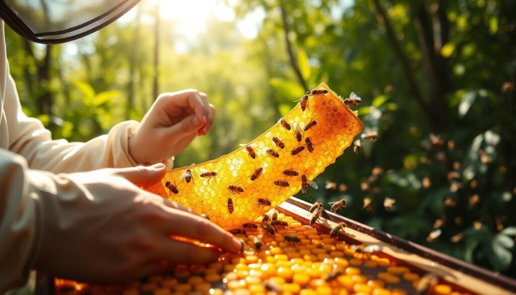 A serene beekeeper carefully harvesting propolis from the hive, the golden resin glistening in the soft, natural lighting. In the foreground, their hands gently peel back the comb, revealing the precious substance. The middle ground showcases the bustling activity of the honey bees, their flight patterns creating a mesmerizing dance. In the background, a lush, verdant forest setting provides a tranquil, eco-friendly backdrop, symbolizing the sustainable and ethical nature of the propolis sourcing process. A serene beekeeper carefully harvesting propolis from the hive, the golden resin glistening in the soft, natural lighting. In the foreground, their hands gently peel back the comb, revealing the precious substance. The middle ground showcases the bustling activity of the honey bees, their flight patterns creating a mesmerizing dance. In the background, a lush, verdant forest setting provides a tranquil, eco-friendly backdrop, symbolizing the sustainable and ethical nature of the propolis sourcing process.