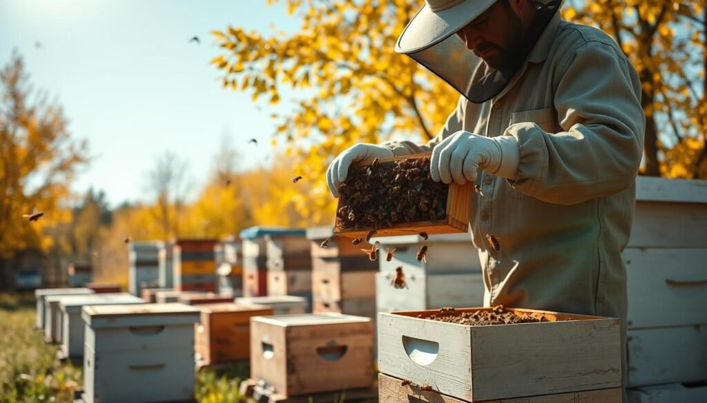 A serene beekeeping scene in a sunlit apiary during autumn. In the foreground, a beekeeper in modest casual clothing inspects two weak bee colonies, combining them into one hive box. The bees are busy flying around, creating a sense of movement. In the middle ground, various hive boxes are arranged neatly, showcasing different sizes and states, some with bees actively entering and exiting. The background features a vibrant backdrop of golden autumn leaves and a clear blue sky. Soft, warm lighting filters through, casting gentle shadows that accentuate the details of the hives and bees. The atmosphere is calm and focused, conveying the importance of the winterizing process for successful beekeeping.