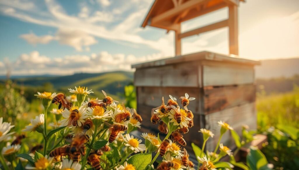 A serene beekeeping scene in the changing seasons. In the foreground, a cluster of busy honeybees busily pollinating vibrant spring flowers. The bees' fuzzy bodies and delicate wings are captured in striking detail, their movements frozen in time. The middle ground reveals a traditional wooden beehive, its weathered exterior sheltering the bustling colony within. Soft, golden sunlight filters through wispy clouds, casting a warm, natural glow over the peaceful landscape. In the background, rolling hills and lush, verdant foliage signal the transition from spring to summer. The overall mood is one of harmony, productivity, and the cyclical nature of the beekeeping year.