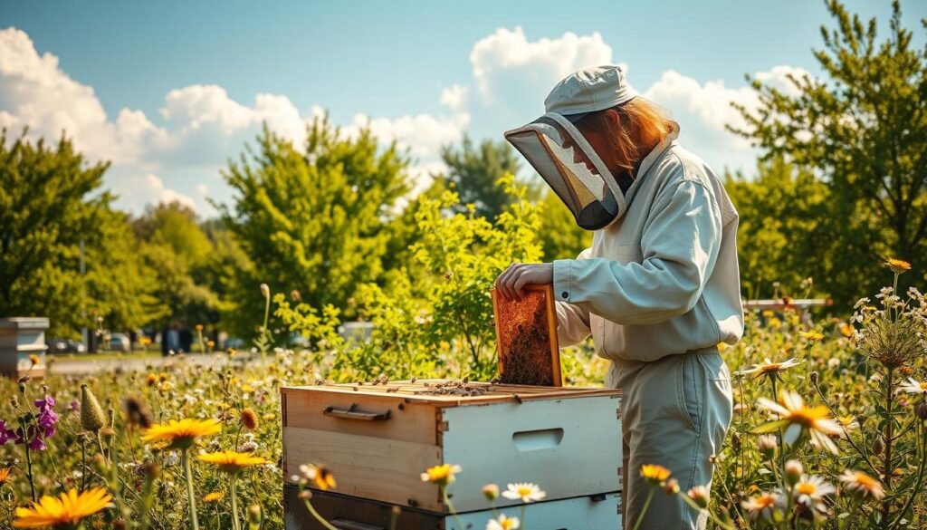 A serene beekeeping scene set in a sun-drenched apiary surrounded by blooming wildflowers. In the foreground, a person in modest casual clothing, wearing a beekeeping suit and veil, gently inspects a vibrant beehive, showcasing the bees actively working. The middle ground features lush green trees and various flowers attracting bees, creating a peaceful, flourishing environment. In the background, a clear blue sky with soft, fluffy clouds enhances the uplifting atmosphere. The lighting is warm and golden, suggesting a late afternoon with soft shadows, evoking a sense of calm and purpose. The overall mood is one of joy, connection to nature, and the fulfillment of nurturing both bees and mental well-being.