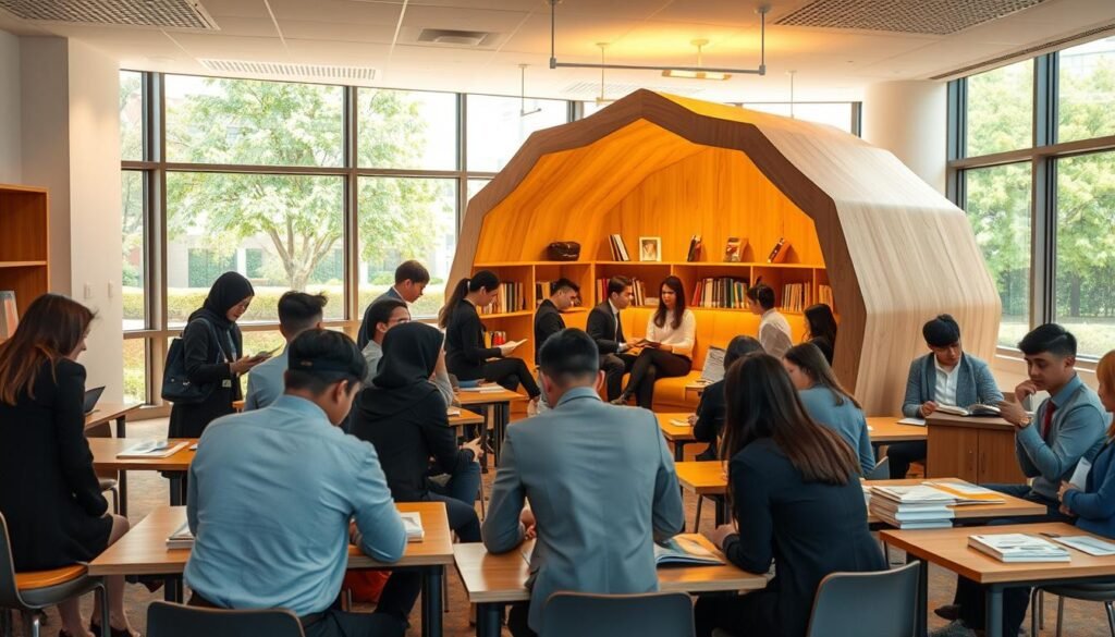 A serene classroom designed for learning, featuring a unique "Reading Hive" structure—an inviting, bee-hive-inspired reading corner made of natural wood and filled with soft cushions and books. In the foreground, a diverse group of students, dressed in professional business attire, are engaged in reading and discussing in small clusters. The middle ground shows the Reading Hive, illuminated by warm, soft lighting, creating a cozy atmosphere that encourages collaboration and learning. In the background, large windows allow natural light to stream in, revealing a green schoolyard with trees, enhancing the environment's tranquility. The overall mood is calm and focused, promoting a sense of community and intellectual growth.