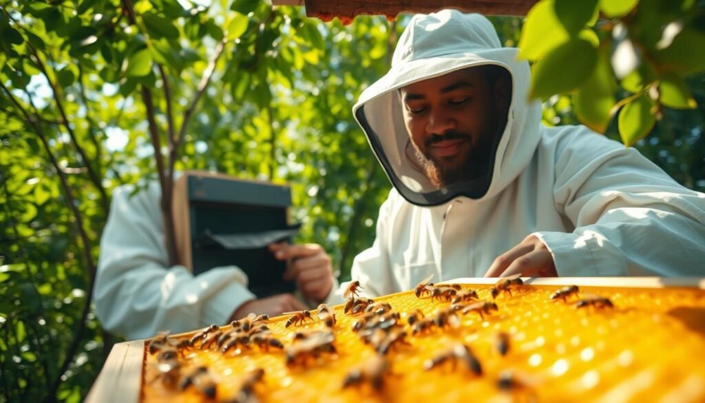 A serene, detailed scene featuring a close-up view of an active bee hive, with bees busily working around the entrance. In the foreground, vibrant, golden honeycombs are visible, glistening under warm sunlight. In the middle ground, a calm and steady beekeeper, dressed in modest protective gear, carefully inspects the hive with a gentle smile, radiating mindfulness and concentration. The beekeeper's calm demeanor contrasts with the lively activity of bees, illustrating the harmony within the apiary. In the background, lush greenery enhances the tranquility of the scene, with soft sunlight filtering through leaves, casting dappled light. The overall mood is peaceful and balanced, evoking a sense of relaxation and well-being. The angle is slightly elevated, providing a comprehensive view of both the bees and the beekeeper in action, with a focus on their connection to the hive.