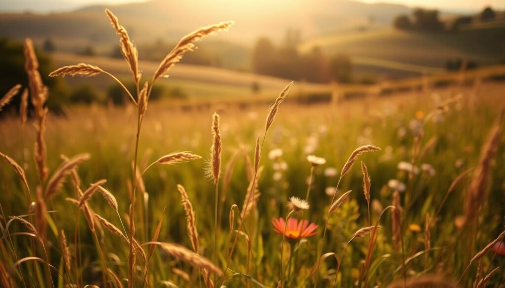 A serene landscape bathed in warm, golden afternoon light. In the foreground, delicate stems and leaves of meadow grasses sway gently in a light breeze, their movement captured with a shallow depth of field. The middle ground features a lush, verdant field of wildflowers, their petals dancing and rippling as the wind caresses them. In the background, rolling hills and distant trees provide a sense of depth and tranquility. The overall scene conveys a study of the interplay between wind, vegetation, and the tranquil natural environment, with a focus on the graceful, organic movement of the plants.