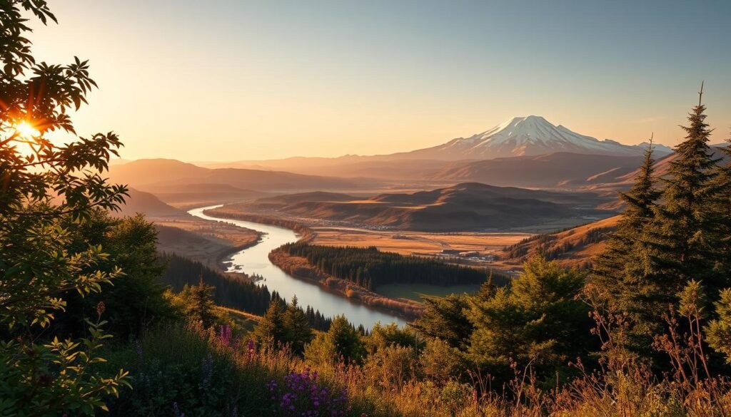 A serene landscape showcasing the interconnected environmental factors that shape the natural world. In the foreground, lush foliage and vibrant wildflowers sway gently in a soft breeze. The midground features rolling hills and a winding river, reflecting the warm glow of the sun. In the distance, a majestic mountain range stands tall, its peaks capped with pristine snow. The scene is illuminated by a golden hour light, casting long shadows and creating a tranquil, atmospheric mood. The composition emphasizes the harmony between the elements - earth, air, water, and sky - that sustain life and enable natural processes to thrive.