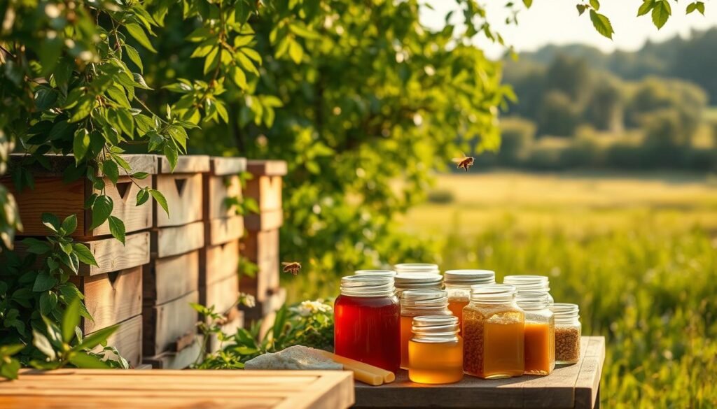 A serene late summer scene depicting a range of food stores stored for bees. In the foreground, wooden beehive boxes stand neatly arranged, their entrances fitted with robbing screens. The middle ground features a table laden with jars of honey, beeswax, and pollen, showcasing the bounty of a successful hive. Lush green foliage surrounds the scene, with a warm golden light filtering through, suggesting a late afternoon in September. In the background, the soft blur of a meadow and distant trees creates depth. A honeybee can be seen gently hovering near the jars, adding motion to the tranquil atmosphere. The overall mood is one of appreciation for nature's gifts and the diligent preparation for winter. The image should have a soft focus, captured from a slightly elevated angle, emphasizing the beauty and importance of food stores in beekeeping.