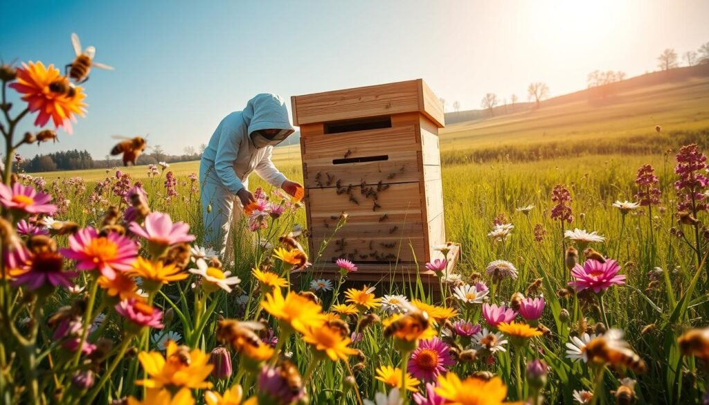 A serene mid-spring scene depicting a vibrant beehive surrounded by blooming flowers in a lush meadow. In the foreground, honeybees busily collect nectar from a variety of colorful blossoms, their wings glistening in the warm sunlight. The middle of the scene features the wooden beehive, its entrances bustling with bees coming and going, while a beekeeper in a white protective suit inspects the hive, looking carefully for the queen bee. The background reveals an idyllic landscape with green grass and distant trees, under a clear blue sky radiating a soft, golden light. The overall atmosphere conveys a sense of tranquility and productivity, embodying the essence of springtime activities essential for beekeeping.