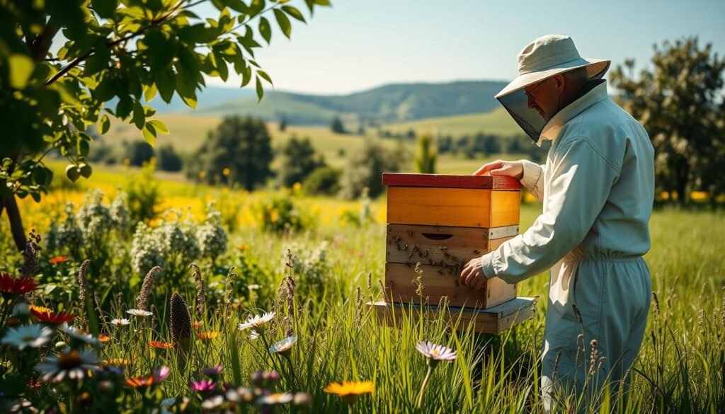A serene organic beekeeping scene set in a lush green meadow. In the foreground, a beekeeper wearing a light-colored, modest protective suit gently inspects a vibrant wooden hive, with bees buzzing around in soft focus. The middle ground features vibrant wildflowers and a variety of fruit trees, representing a rich ecosystem. In the background, a sun-drenched landscape stretches towards rolling hills under a clear blue sky. Soft, warm sunlight filters through the leaves, creating dappled shadows on the ground. The mood is peaceful and harmonious, emphasizing the connection between nature and sustainable practices. The visual composition highlights the importance of ethical beekeeping while showcasing the beauty of a thriving, healthy environment. A serene organic beekeeping scene set in a lush green meadow. In the foreground, a beekeeper wearing a light-colored, modest protective suit gently inspects a vibrant wooden hive, with bees buzzing around in soft focus. The middle ground features vibrant wildflowers and a variety of fruit trees, representing a rich ecosystem. In the background, a sun-drenched landscape stretches towards rolling hills under a clear blue sky. Soft, warm sunlight filters through the leaves, creating dappled shadows on the ground. The mood is peaceful and harmonious, emphasizing the connection between nature and sustainable practices. The visual composition highlights the importance of ethical beekeeping while showcasing the beauty of a thriving, healthy environment.