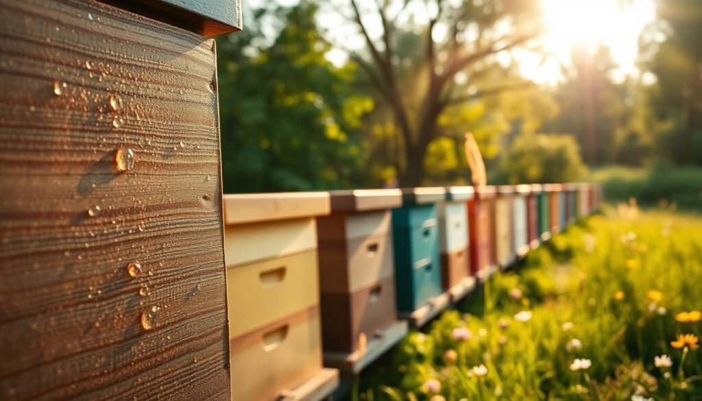 A serene outdoor scene showcasing innovative moisture protection hives made from eco-friendly materials. In the foreground, a detailed view of a hive with a textured, weather-resistant coating and natural wood finish, exhibiting droplets of water beading on its surface. In the middle ground, various hives are aligned, each painted in organic hues, reflecting the benefits of eco-friendly coatings. In the background, a soft-focus landscape highlights a lush, green environment with trees and wildflowers, bathed in warm, golden sunlight. The atmosphere is tranquil and inviting, emphasizing sustainability and nature’s harmony. The angle captures the hives at eye level, allowing viewers to appreciate their design and aesthetic alongside the natural setting.