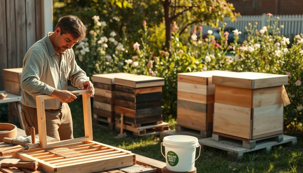 A serene outdoor scene showcasing the preparation of wooden hive components. In the foreground, a skilled artisan dressed in modest casual clothing is meticulously sanding a wooden frame, surrounded by various tools, such as a chisel, sandpaper, and a small bucket of eco-friendly wood treatment. The middle ground features neatly stacked, unpainted hive parts, highlighting their natural wood grain. In the background, a lush garden with blooming flowers and greenery emphasizes the eco-friendly theme, bathed in soft, warm sunlight that creates a tranquil atmosphere. The angle captures both the craftsman's focused expression and the beauty of the raw materials, evoking a sense of care and respect for nature.