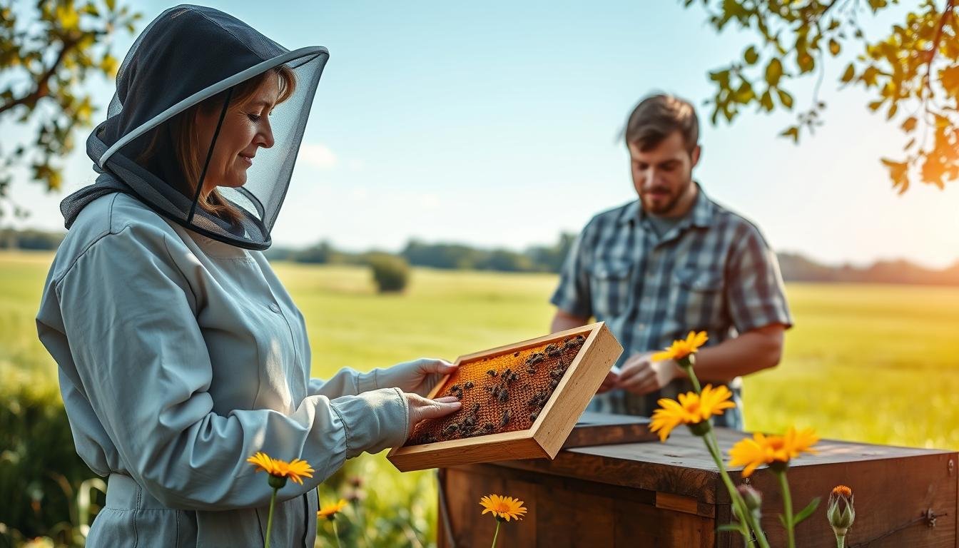A mentor teaching a novice beekeeper, illustrating the kind of skill-transfer and community-education role that Master Beekeeper certification programs often require at higher tiers