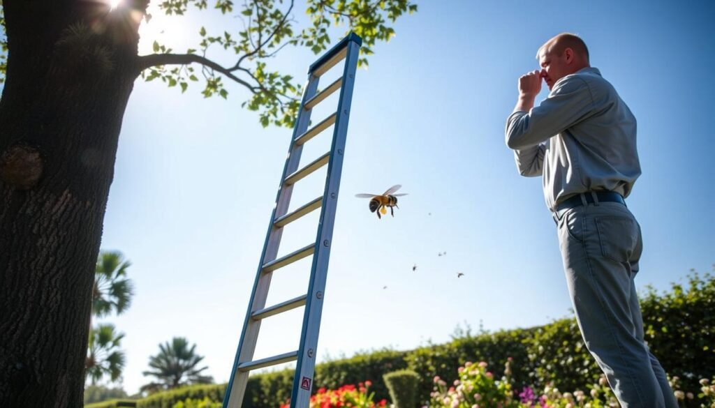 A serene outdoor setting depicting the critical assessment of location and ladder risks in bee swarm capture. In the foreground, a sturdy, well-positioned ladder leans against a tree, showcasing its height against a bright blue sky. A professional in modest casual clothing inspects the ladder's placement, demonstrating caution. In the middle ground, an open area is visible, with the buzzing sound represented by faint visual cues like bees hovering, emphasizing the swarm's activity nearby. The background features a luscious garden filled with flowers, enhancing the tranquil atmosphere. Soft, natural lighting bathes the scene, casting gentle shadows for depth. The overall mood conveys a sense of safety and preparedness, highlighting the importance of risk assessment in bee capturing. A serene outdoor setting depicting the critical assessment of location and ladder risks in bee swarm capture. In the foreground, a sturdy, well-positioned ladder leans against a tree, showcasing its height against a bright blue sky. A professional in modest casual clothing inspects the ladder's placement, demonstrating caution. In the middle ground, an open area is visible, with the buzzing sound represented by faint visual cues like bees hovering, emphasizing the swarm's activity nearby. The background features a luscious garden filled with flowers, enhancing the tranquil atmosphere. Soft, natural lighting bathes the scene, casting gentle shadows for depth. The overall mood conveys a sense of safety and preparedness, highlighting the importance of risk assessment in bee capturing.