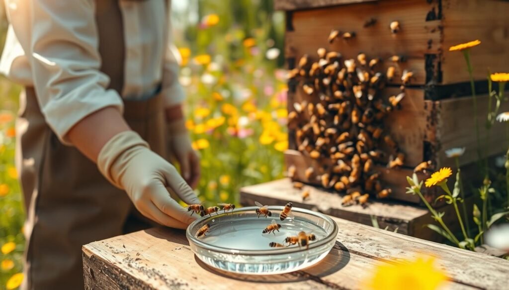A serene scene of a beekeeper gently feeding hive bees water, with the beekeeper dressed in modest, professional attire, wearing a protective bee suit and veil. In the foreground, showcase a small, shallow dish filled with water next to the beehive, with several honey bees actively gathering around it. In the middle ground, display the wooden beehive with its vibrant yellow and black bee population busily flying in and out, capturing the activity of the colony. The background features a soft-focus garden filled with colorful wildflowers and greenery under bright, natural sunlight, creating a warm and peaceful atmosphere. The image should have a balanced composition with a shallow depth of field, emphasizing the bees and the water.