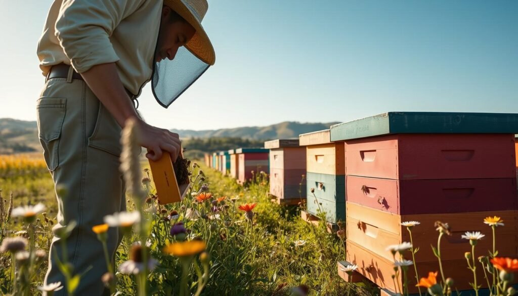 A serene small farm scene showcasing sustainable beekeeping practices. The foreground features a beekeeper, dressed in modest casual clothing, inspecting a vibrant bee hive surrounded by wildflowers and verdant greenery. In the middle ground, there are several colorful hives placed strategically among blooming plants, with bees actively buzzing around. The background presents rolling hills under a bright, clear blue sky, hinting at a thriving ecosystem. Soft, warm sunlight bathes the scene, creating a peaceful and nurturing atmosphere. The angle captures both the beekeeper's focus on the hives and the lively environment around them, emphasizing harmony between agriculture and nature. This idyllic setting reflects the essence of sustainable practices in beekeeping on a small farm.