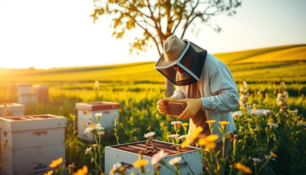 A serene small farm setting during golden hour, with soft sunlight casting a warm glow over the landscape. In the foreground, a professional beekeeper in modest casual clothing is inspecting a vibrant, healthy hive, showcasing proactive management techniques. The middle ground features multiple hives surrounded by blooming wildflowers, attracting buzzing bees. In the background, lush green fields and a clear blue sky create a tranquil atmosphere. The image captures a sense of harmony between humans and nature, emphasizing sustainable beekeeping practices. Use a shallow depth of field to focus on the beekeeper and the hive, creating a soft blur in the background to enhance the warmth and tranquility of the scene. The mood is peaceful and inspiring, reflecting the importance of reducing losses through diligent hive management.