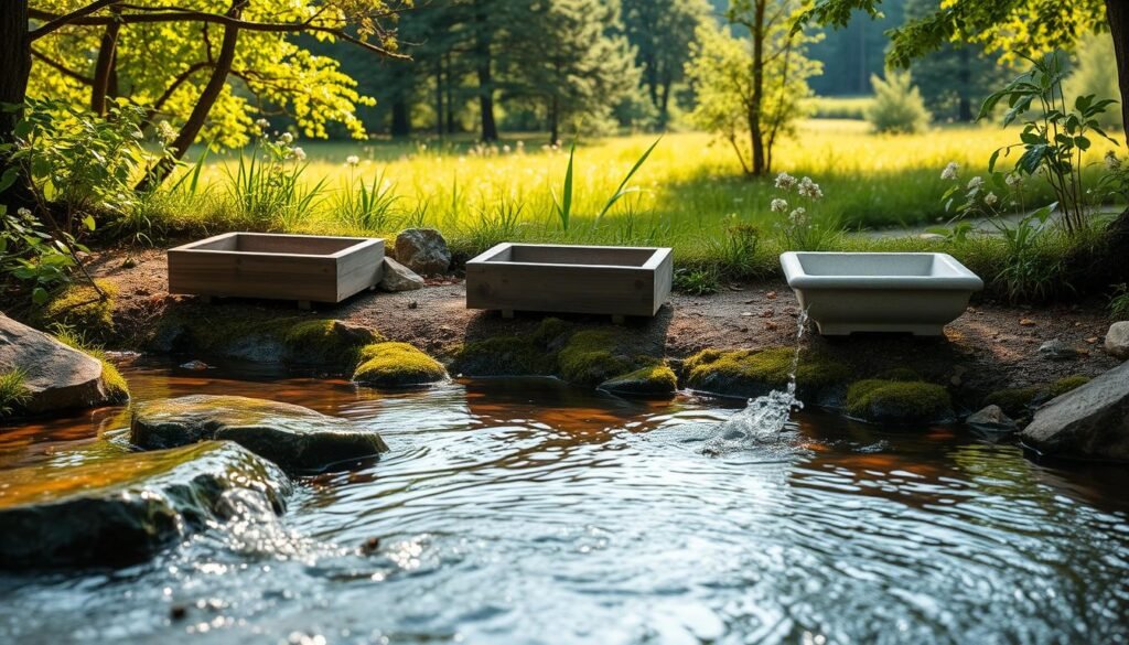 A serene, well-designed apiary water source set amid a lush, verdant landscape. In the foreground, a gently flowing stream or small pond, its surface clear and inviting, with mossy rocks and leafy plants at the water's edge. The middle ground features carefully placed, weathered wooden troughs or ceramic basins, strategically positioned to provide ample, accessible drinking water for buzzing honeybees. The background showcases a tranquil forest or meadow, with softly filtered sunlight illuminating the scene and creating a calming, natural atmosphere. The lighting is natural and diffused, casting warm, golden hues and gentle shadows. The camera angle is slightly elevated, offering a balanced, panoramic view of the harmonious water source and its bee-friendly setting.