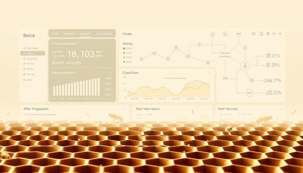 A sleek, modern data visualization dashboard for a bee apiary, with a clean, minimalist interface. In the foreground, a stylized honeycomb grid displays real-time metrics, such as hive population, honey production, and environmental factors. The middle ground features interactive charts and graphs, allowing the user to analyze trends and patterns. In the background, a schematic diagram outlines the interconnected sensors and IoT devices that capture the data, creating a cohesive, automated system. Soft, diffused lighting sets a calming, professional tone, while the overall design reflects the precision and efficiency of a well-managed apiary.