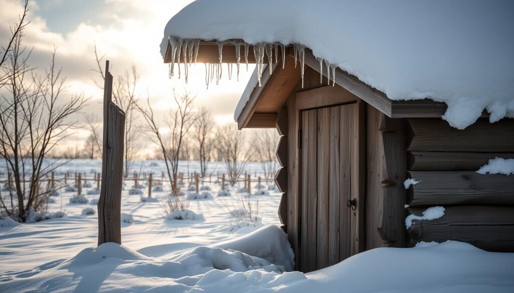 A snow-covered wooden entrance to a traditional beekeeping hut, nestled in a pristine winter landscape. The entrance is framed by a sturdy wooden structure, its weathered planks contrasting with the crisp, white snow that blankets the ground. Soft, diffused sunlight filters through the clouds, casting a warm glow on the scene. Icicles hang from the eaves, glittering like crystal. In the distance, barren trees stand silhouetted against the horizon, hinting at the harsh, yet beautiful, extremes of the cold climate. The composition draws the eye towards the inviting entrance, suggesting the warmth and shelter within, a sanctuary for the bees braving the winter's chill.