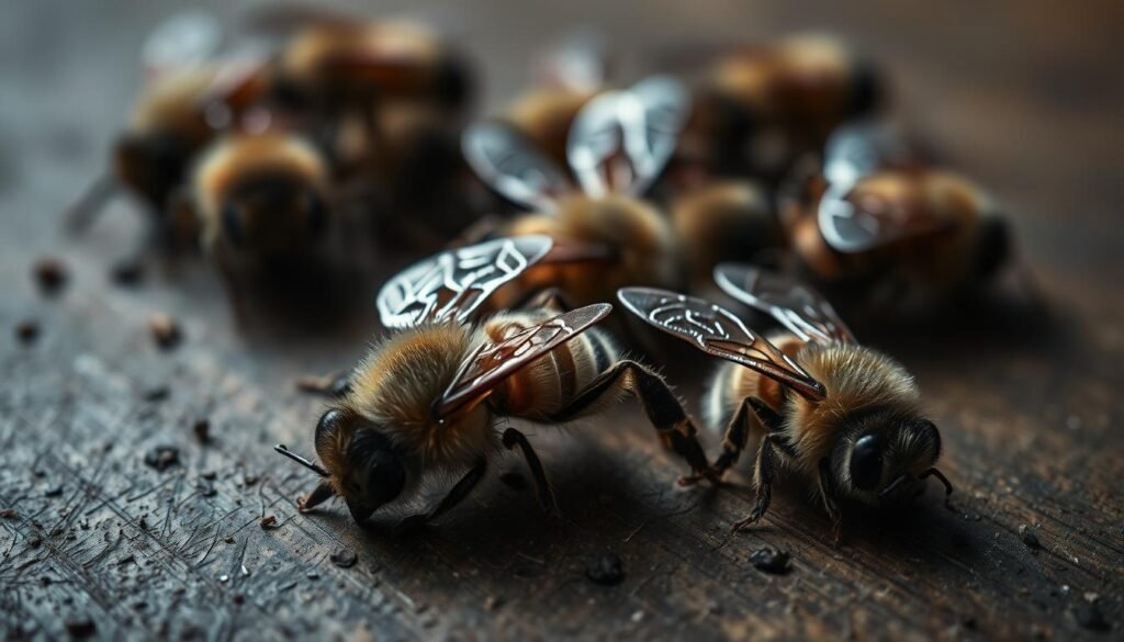A somber close-up view of several dead honey bees lying motionless on a wooden surface. The bees' bodies are limp, their wings tattered and discolored, a grim testament to the ravages of the chronic bee paralysis virus. The lighting is soft and muted, creating a sense of melancholy and decay. The background is blurred, keeping the focus on the lifeless insects, a stark reminder of the devastating impact of this disease on bee populations. The overall atmosphere is one of sober reflection, highlighting the urgency of implementing effective strategies to prevent the spread of chronic bee paralysis virus. A somber close-up view of several dead honey bees lying motionless on a wooden surface. The bees' bodies are limp, their wings tattered and discolored, a grim testament to the ravages of the chronic bee paralysis virus. The lighting is soft and muted, creating a sense of melancholy and decay. The background is blurred, keeping the focus on the lifeless insects, a stark reminder of the devastating impact of this disease on bee populations. The overall atmosphere is one of sober reflection, highlighting the urgency of implementing effective strategies to prevent the spread of chronic bee paralysis virus.
