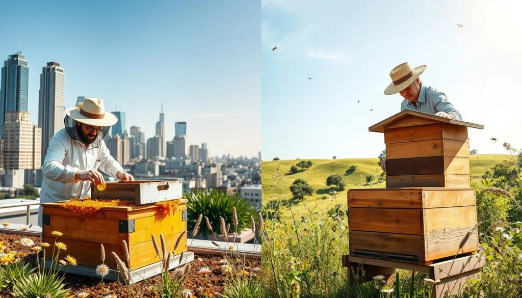 A split scene illustrating the contrast between urban and rural beekeeping. In the foreground, an urban beekeeper dressed in professional attire tends to a hive on a rooftop garden surrounded by city skyline features, showcasing vibrant honey pots brimming with golden honey. In the middle ground, a rural beekeeper in modest casual clothing works at a traditional wooden hive surrounded by wildflowers and rolling hills dotted with fruit trees. The background features a clear blue sky above both settings, with sunlight streaming through, creating a warm, inviting atmosphere. Use a wide-angle lens to capture the richness of the honey and the bees buzzing around, emphasizing the seasonal differences in forage availability in each environment. The overall mood is harmonious, illustrating nature's beauty coexisting with urban life. A split scene illustrating the contrast between urban and rural beekeeping