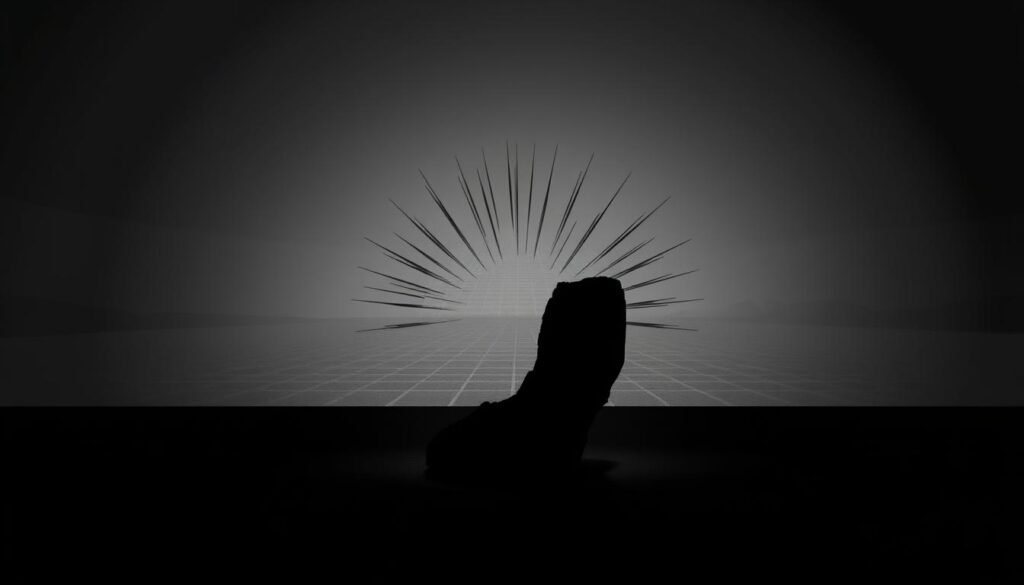 A stark, minimalist visualization of a carbon footprint. In the foreground, a shadowy, monolithic shape representing the heavy impact of human activities, its outline defined by a deep charcoal hue. Streaks of gray and black radiate outward, creating a sense of weight and density. In the middle ground, a faint grid-like pattern, symbolizing the interconnected systems that contribute to our carbon emissions. The background is a muted, monochromatic landscape, reflecting the broader environmental consequences. Dramatic, high-contrast lighting casts dramatic shadows, heightening the sense of gravity. The overall mood is somber and contemplative, inviting the viewer to reflect on their own carbon footprint.