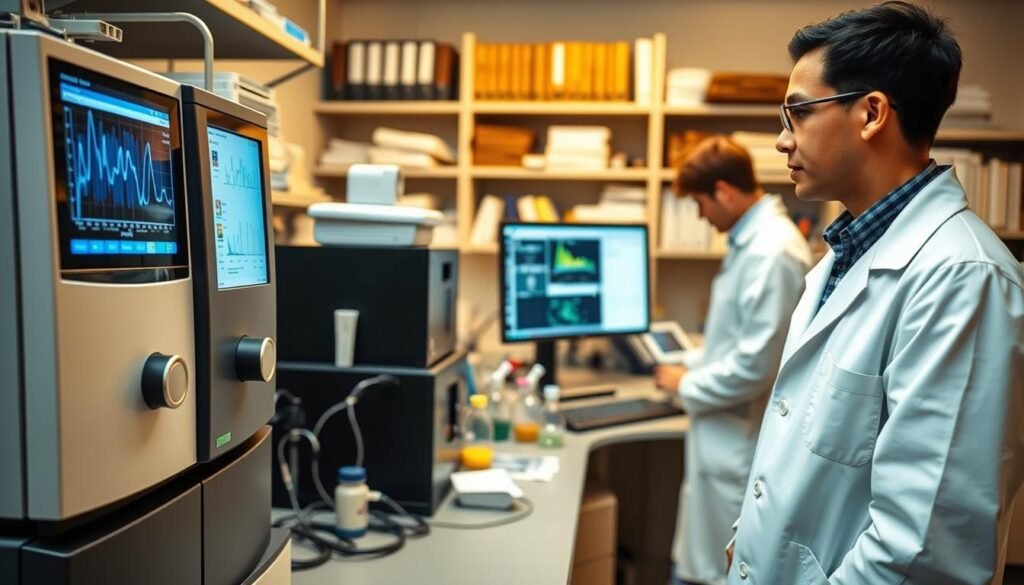 A state-of-the-art laboratory setting with sleek, modern equipment. In the foreground, a gas chromatography-mass spectrometry (GC-MS) instrument stands prominently, its display showing a complex analytical profile. In the middle ground, a scientist in a white lab coat carefully reviews data from a computer screen, surrounded by beakers, vials, and other analytical tools. The background features shelves lined with reference books and technical manuals, conveying an atmosphere of scientific rigor and expertise. Warm, diffuse lighting creates a professional, authoritative mood, while the overall composition emphasizes the analytical process and the importance of data-driven insights in the exploration of honey volatiles.