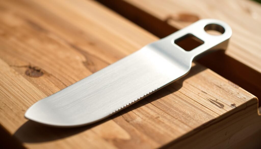 A sturdy, stainless steel hive tool, its curved blade gleaming in the warm, natural light. Resting on a wooden surface, the tool's distinctive shape and serrated edge hint at its purpose - gently prying open the hive, separating frames, and scraping away excess beeswax. The image captures the essential simplicity and functionality of this indispensable beekeeping accessory, conveying the practical, hands-on nature of the craft. The composition emphasizes the tool's form and materiality, inviting the viewer to imagine its use in the context of a busy, thriving apiary.