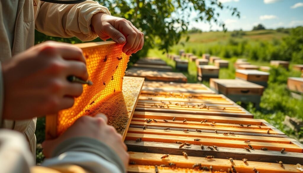 A sun-dappled apiary, a beekeeper carefully inspecting rows of honeycomb-filled supers. In the foreground, the beekeeper's hands delicately manipulate the frames, checking for signs of pests or disease. The middle ground showcases the supering method, with newly added supers awaiting the industrious bees. In the background, hives dot the lush, verdant landscape, a testament to the perfect timing and technique of this supering strategy. Soft, natural lighting illuminates the scene, conveying a sense of quiet diligence and the harmony between the beekeeper and their bees. A macro lens captures the intricate details of the comb, revealing the precision and care required for successful honey production.