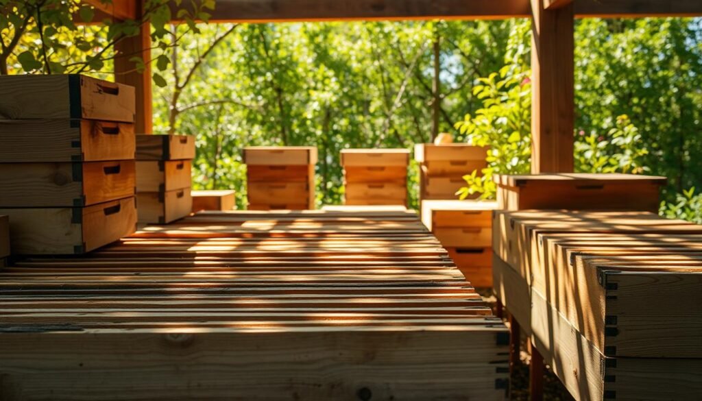 A sun-dappled apiary in spring, with an array of wooden beehive boxes and frames in the foreground, gently expanding and shifting as the colony grows. Soft, warm lighting illuminates the scene, casting long shadows and highlighting the textured grain of the weathered wood. In the middle ground, the boxes are stacked neatly, creating a sense of depth and a "honey ceiling" above the active hive. The background features lush, verdant foliage, hinting at the abundant nectar sources that will fuel the colony's expansion. The composition conveys a harmonious balance between the structured human elements and the vibrant, natural world, reflecting the delicate dance of beekeeping.