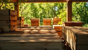A sun-dappled apiary in spring, with an array of wooden beehive boxes and frames in the foreground, gently expanding and