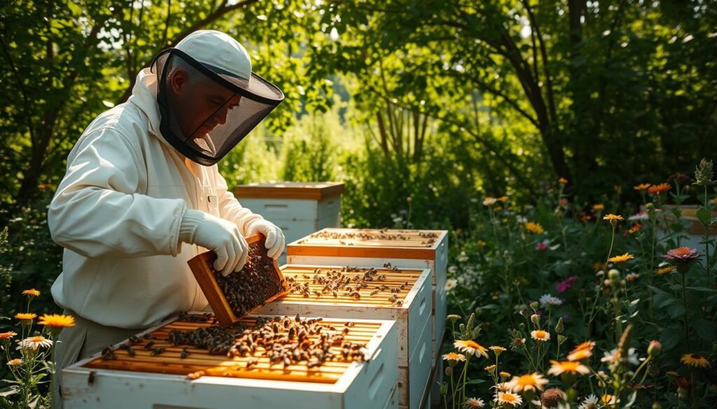 A sun-dappled apiary nestled amid lush greenery, hives abuzz with industrious honeybees. In the foreground, a beekeeper in a protective suit tends to the frames, examining the bustling colony. Surrounding the scene, a patchwork of wildflowers and native pollinator-friendly plants paint the landscape, hinting at the delicate balance between managed and wild bee populations. Soft natural lighting filters through the canopy, casting a warm, contemplative atmosphere over the serene beekeeping operation. The image conveys the importance of sustainable apiculture practices and their implications for urban agriculture and conservation efforts in North America.