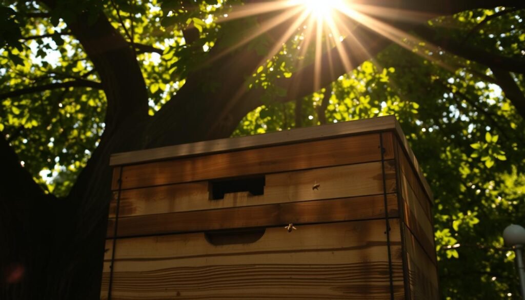 A sun-dappled hive nestled beneath the dappled shade of a sprawling tree, its wooden slats weathered by the elements. Warm sunlight filters through the leaves, casting a golden glow over the hive's surface. In the foreground, a few honeybees flit about, their delicate wings catching the light. The hive's entrance is a focal point, inviting the viewer to imagine the busy activity within. The scene conveys a sense of tranquility and harmony, reflecting the core principles of hive placement in a temperate climate - offering protection from the elements while allowing ample sunlight and airflow.