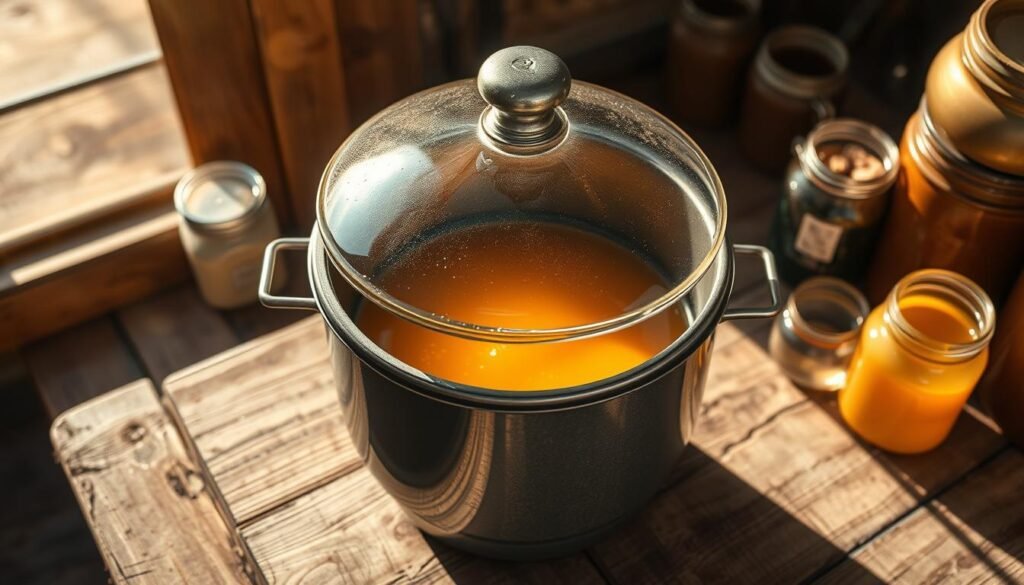 A sun-dappled solar melter sits on a weathered wooden table, its glass lid reflecting the golden rays. Inside, a pool of molten beeswax glistens, casting a warm, honey-like glow. Surrounding the melter, jars and containers wait to be filled with the liquid gold. The scene is bathed in a soft, natural light, highlighting the rustic, earthy tones of the wood and the rich, amber hue of the wax. A sense of tranquility and simplicity pervades the image, evoking the timeless art of solar wax extraction.