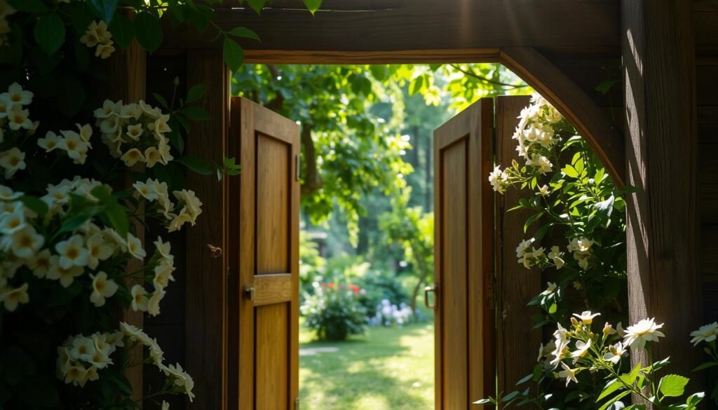A sun-dappled wooden entrance set within a verdant garden, leading to a tranquil apiary. The doorway is flanked by thriving blooms, their petals gently swaying in a soft breeze. Dappled light filters through the canopy above, creating a warm, inviting atmosphere. The entrance is framed by weathered, rustic beams, hinting at the timeless tradition of beekeeping within. A single honeybee hovers near the threshold, symbolizing the vital connection between this sanctuary and the natural world beyond. The scene evokes a sense of peaceful transition, a gateway to the quiet industry of the hive and the bounty it provides.