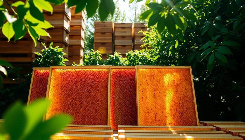 A sun-drenched apiary, wooden supers stacked high against a backdrop of lush green foliage. In the foreground, freshly harvested honeycomb frames stand upright, their golden surfaces glistening as a gentle breeze circulates the air. The frames are arranged in a neat, orderly pattern, allowing for even drying and moisture evaporation. Soft, diffused lighting filters through the leaves, casting a warm, natural glow over the scene. The overall atmosphere conveys a sense of quiet industry, where the delicate process of honey curing unfolds with care and precision.