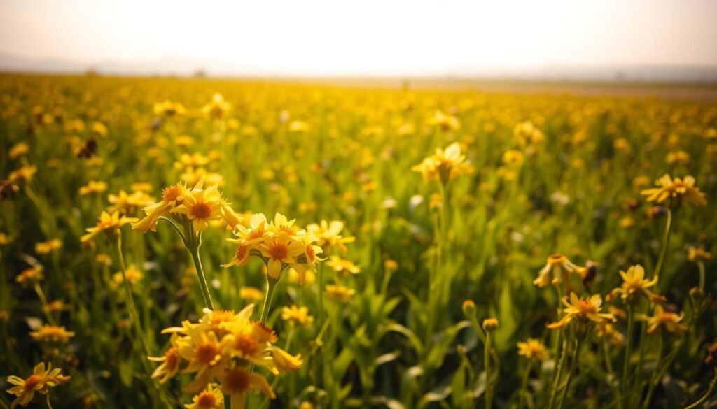 A sun-drenched meadow filled with vibrant crops in full bloom, their petals delicately unfurled. In the foreground, clusters of yellow and white flowers sway gently in a light breeze, their pollen-laden stamens beckoning to nearby pollinators. The mid-ground reveals lush green foliage, rich with the promise of bountiful yields. In the distance, a hazy horizon frames the scene, evoking a sense of tranquility and abundance. Warm, golden lighting filters through the landscape, casting a soft glow and accentuating the natural beauty of this pollination-centric ecosystem.