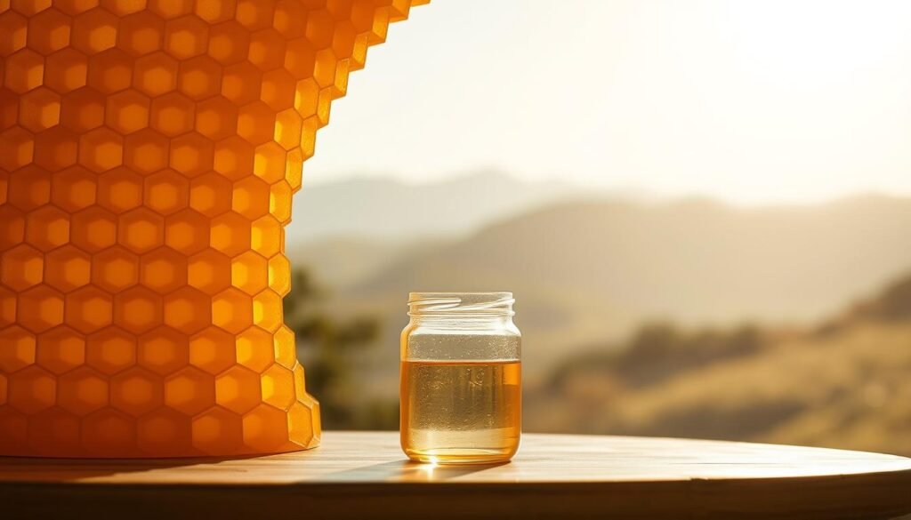 A sun-drenched, minimalist hive-shaped sculpture in warm honey tones, its hexagonal cells cascading like a flowing waterfall. In the foreground, a single glass jar catches the light, reflecting the intricate patterns and textures of the hive. The background features a serene, blurred landscape, hinting at the natural origins of this artisanal product. Soft shadows and highlights accentuate the smooth, organic curves, conveying a sense of craftsmanship and sustainability. The overall composition evokes the harmony between brand storytelling and the authentic, honey-based goods it represents.