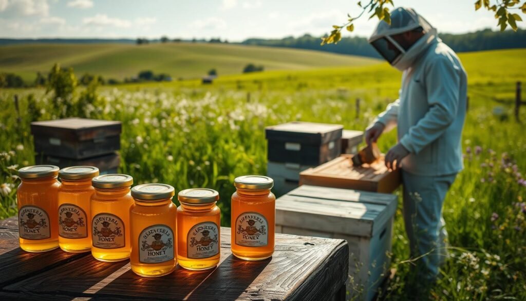 A sunlit apiary nestled amidst the rolling hills of Mississippi. In the foreground, golden honey jars sit atop a rustic wooden table, their labels showcasing the state's emblem. Nearby, a beekeeper in a crisp white suit carefully tends to the bustling hives, capturing the essence of the region's meticulous honey production standards. The middle ground features a lush meadow dotted with wildflowers, a tranquil backdrop for this scene of Mississippi's commitment to ethical and transparent honey labeling. Soft, diffused lighting casts a warm glow over the entire tableau, evoking a sense of pride and quality in the state's honey industry.