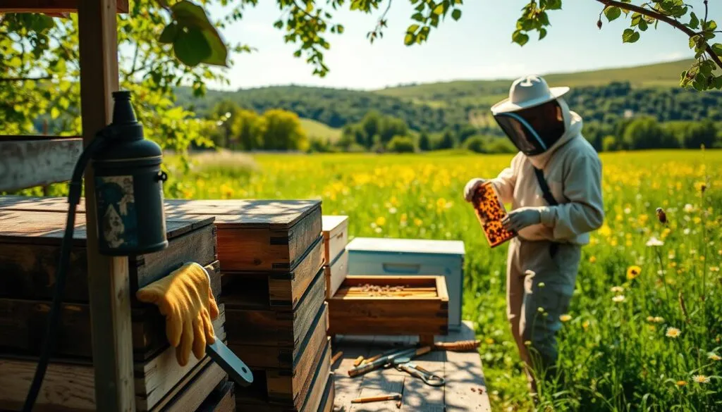 A sunlit, rustic apiary with a stack of beekeeping equipment in the foreground, including a smoker, gloves, and a beehive tool. In the middle ground, a beekeeper in protective gear examines a frame from an open hive, surrounded by buzzing honeybees. In the background, a lush, verdant meadow filled with wildflowers leads to a distant rolling hillside. The scene conveys a sense of harmony and the importance of proper training and preparation when pursuing beekeeping as a profession.