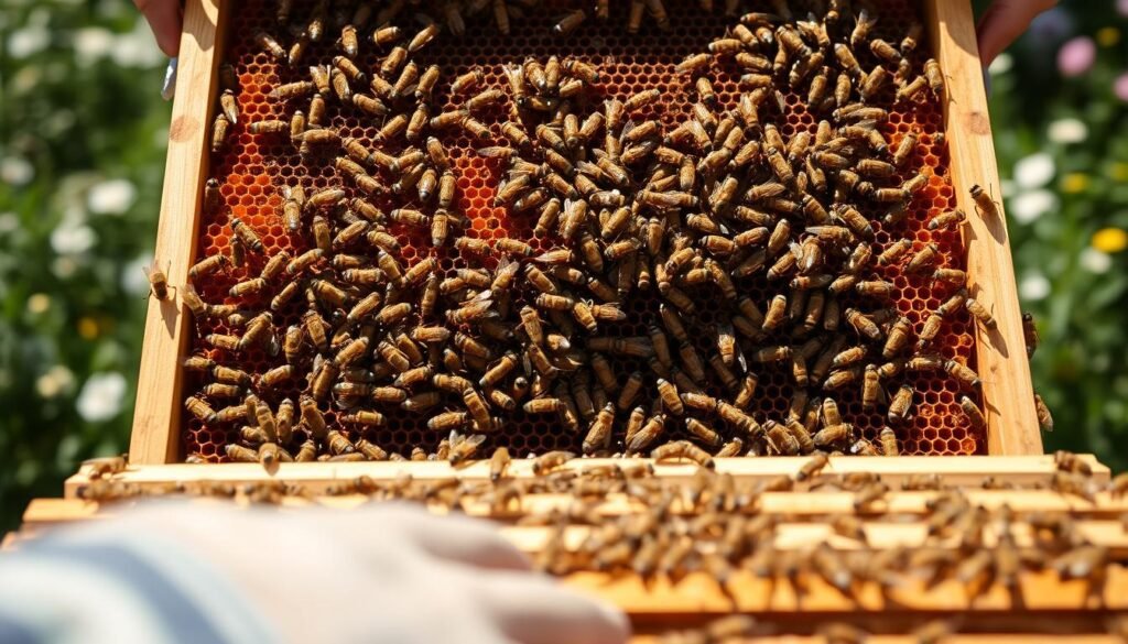 A sunny, close-up view of a beehive being carefully split into two equal parts, showcasing the intricate structure of the combs and the activity of the worker bees. The foreground features the delicate process of separating the frames, with the beekeeper's hands gently guiding the division. The middle ground reveals the distinct sections of the hive, each with its own thriving population. The background depicts the verdant, flower-filled surroundings, setting a serene, natural atmosphere. The lighting is soft and diffused, highlighting the details of the honeycomb and the worker bees in flight. The composition emphasizes the methodical, yet essential, technique of hive splitting to prevent swarming and maintain a healthy, productive colony.