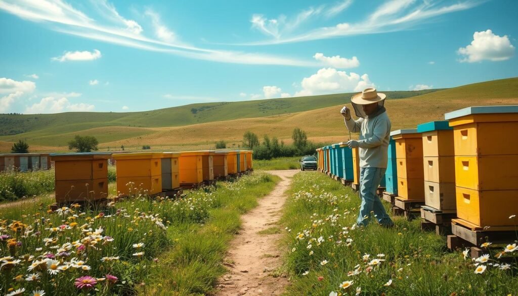 A sunny, idyllic apiary scene. In the foreground, a beekeeper efficiently moves between several brightly-painted beehives, tending to the colonies with practiced motions. The middle ground features a path winding through a lush, flowering meadow, with the hives arranged in an organized pattern for easy access. In the background, rolling hills dotted with wildflowers create a picturesque, peaceful setting. Soft, natural lighting filters through wispy clouds, casting a warm glow over the scene. The overall atmosphere conveys a sense of harmony and productivity within the well-managed apiary.